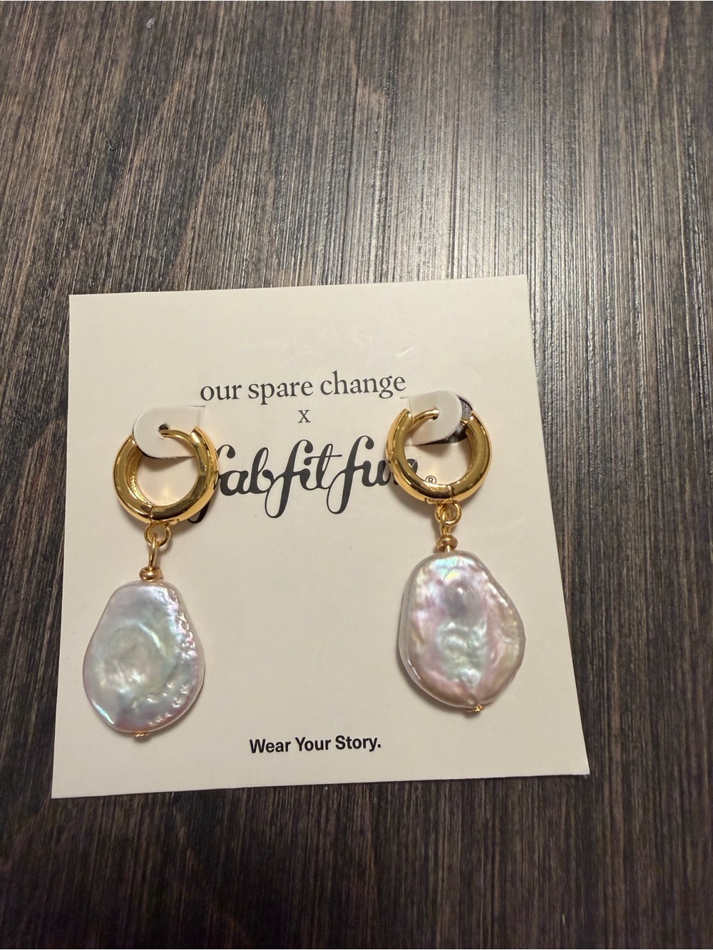 Gold Hoop Earrings with Iridescent Pearl Drops NWOT